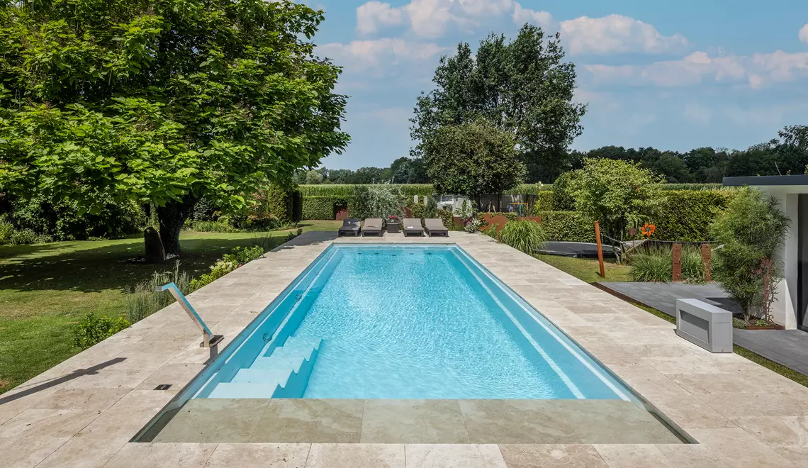 The Definitive fiberglass swimming pool. Contemporary Design. High waterline.