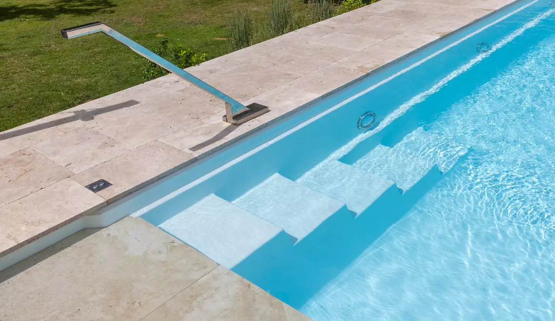 The Definitive fiberglass backyard pool. Contemporary Design. High waterline.